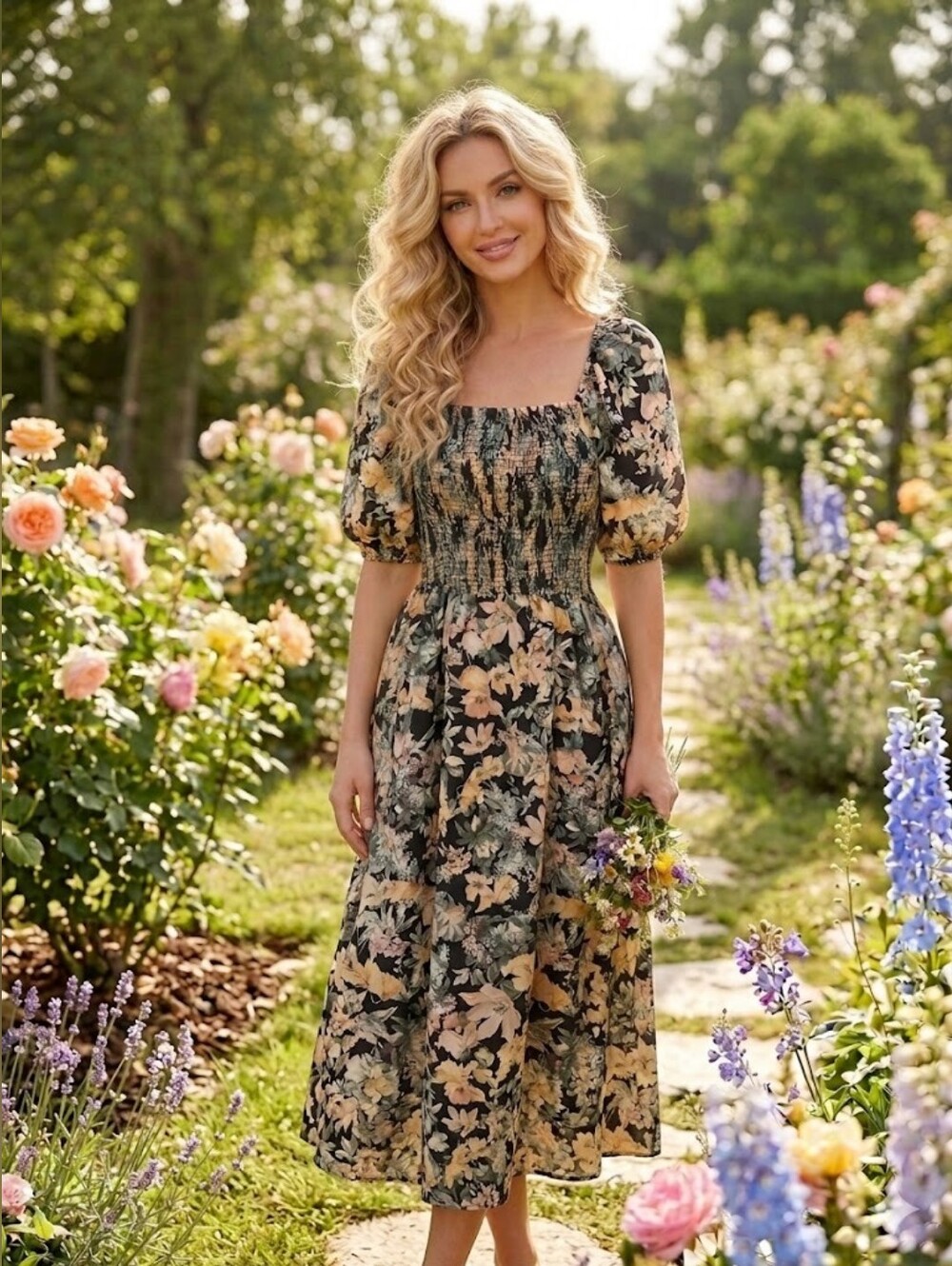 Maurices Black Floral Maxi Dress with Cream and Blush Accents